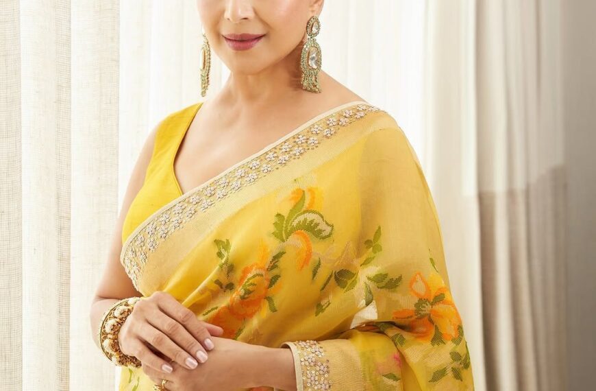 Madhuri Dixit Nene’s yellow Anita Dongre sari was handwoven in Varanasi