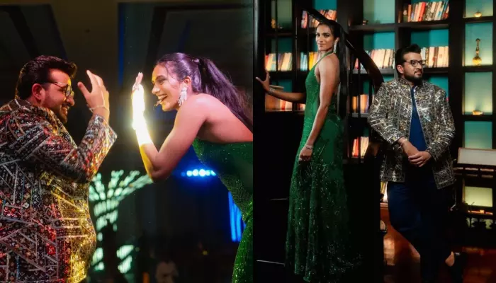PV Sindhu Dances Her Heart Out With Husband, Venkata Datta Sai In An AJSK Sequin Gown At Her Sangeet
