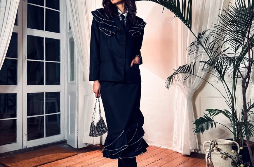 Diana Penty embraces androgynous dressing in a blazer-and-skirt set from MellowDrama