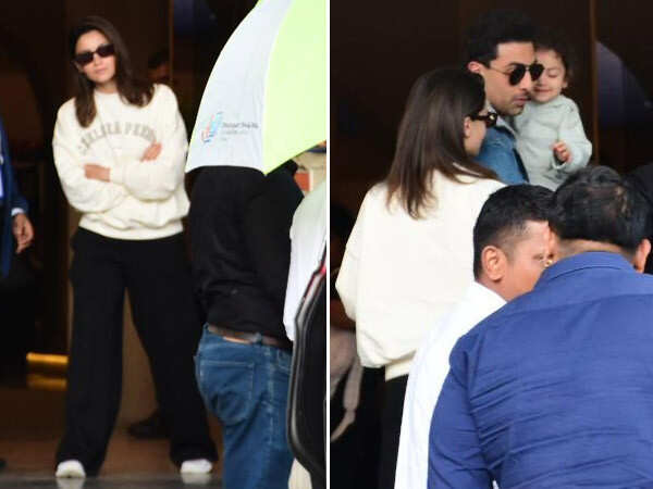 Pics : Ranbir Kapoor Alia Bhatt and Raha spotted at private airport 