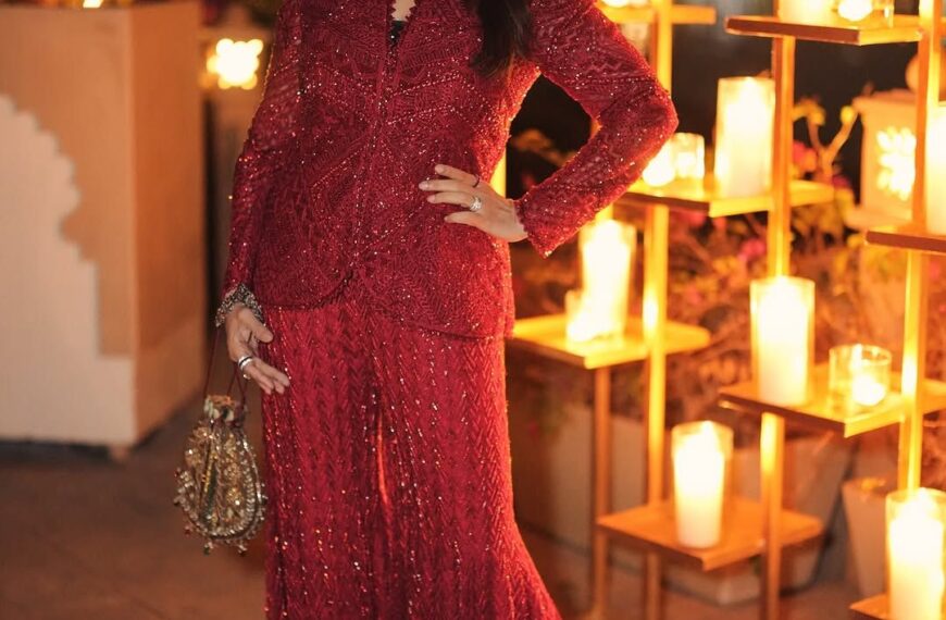 Madhuri Dixit Nene wore a red sharara set by Ritika Mirchandani embroidered with crystal bugles