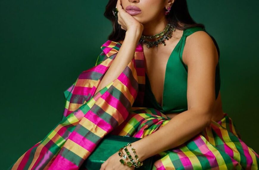 Bhumi Pednekar’s Madras checks Raw Mango sari features a melange of colours