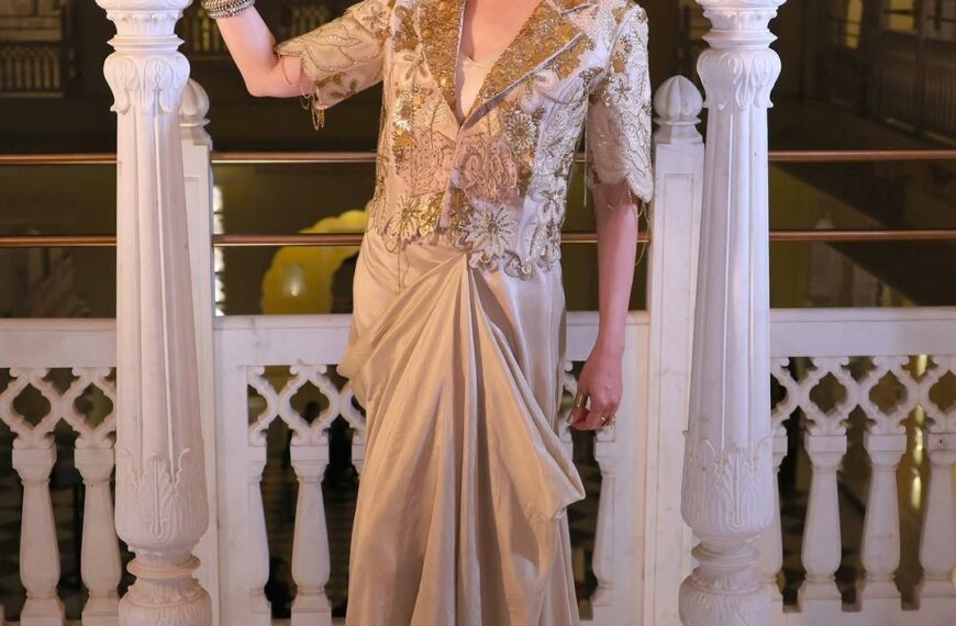 Madhuri Dixit Nene’s ivory Gazal Gupta drape skirt + blazer set took 450 hours to finish
