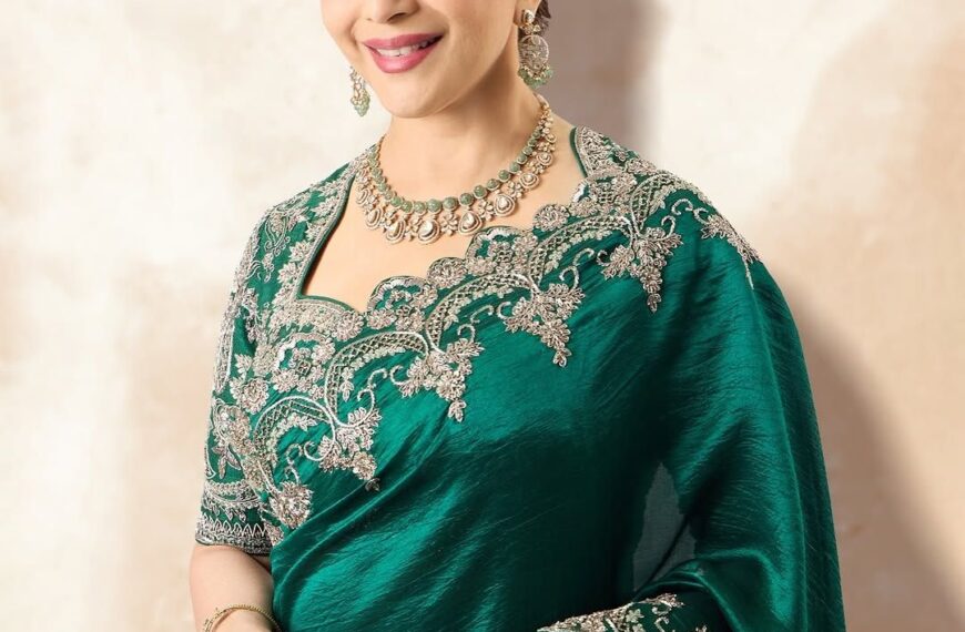 Madhuri Dixit Nene’s sari by Jayanti Reddy featured zardozi embroidery with floral and jaali motifs