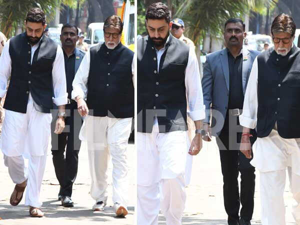 Amitabh Bachchan And Abhishek Bachchan Arrive At Manoj Kumarâs Last Rites