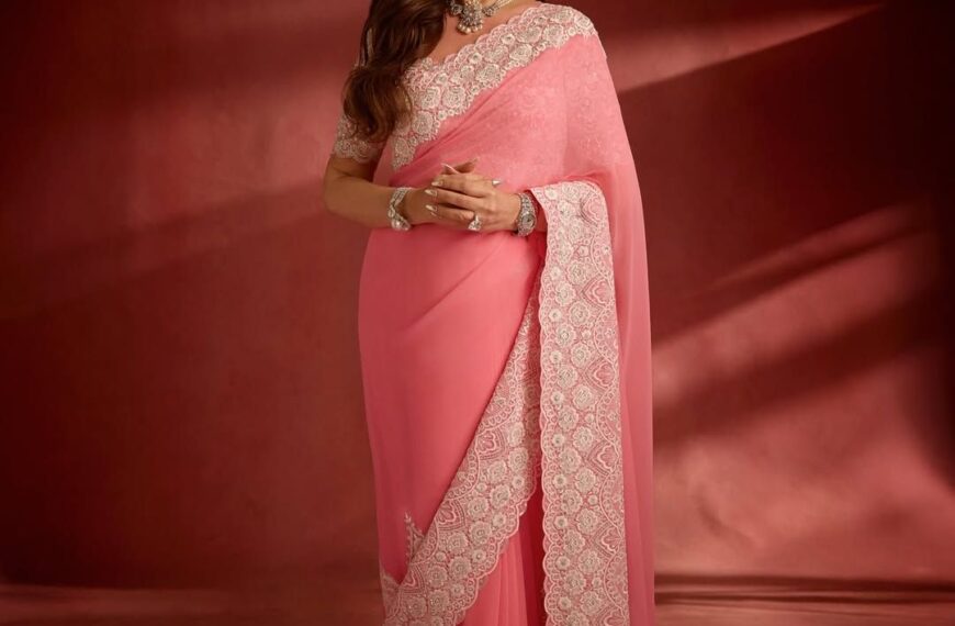 Nita Ambani’s Abu Jani Sandeep Khosla sari frames lace through borders and blouse