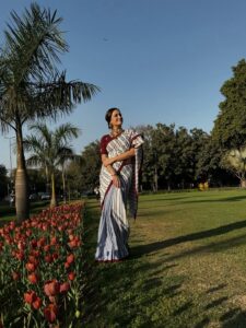 Dia Mirza’s blue-and-white striped handwoven sari is an&hellip;