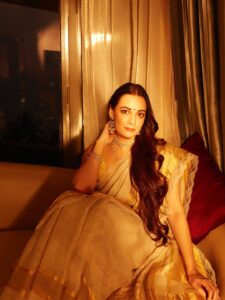 Dia Mirza’s ivory linen sari is detailed with&hellip;
