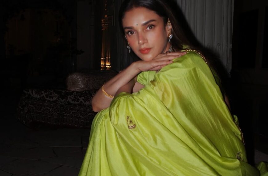 Aditi Rao Hydari’s Raw Mango sari comes with zardozi florals and a kiran border