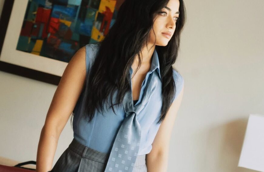 Rashmika Mandanna styled a blue shirt and pinstripe trousers with a vintage Givenchy tie