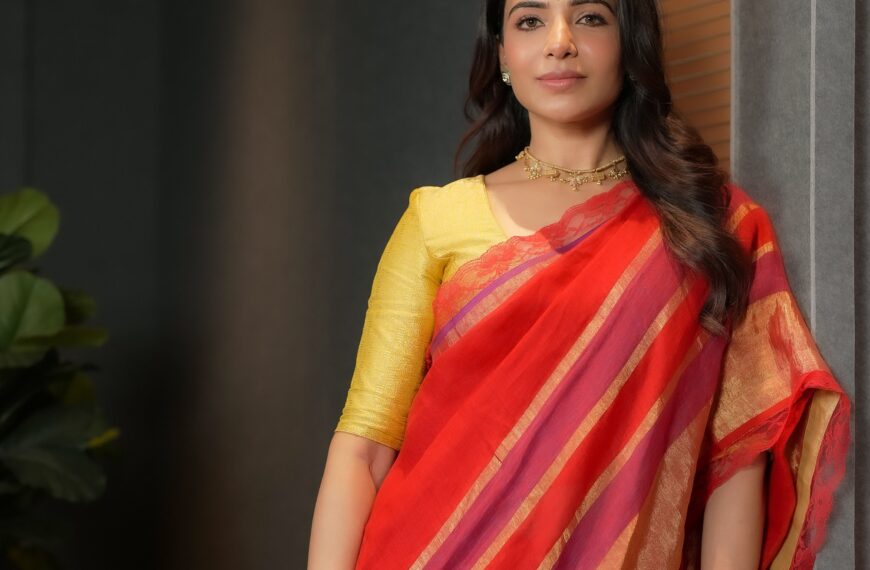 Samantha Ruth Prabhu’s red linen and zari sari features French lace border
