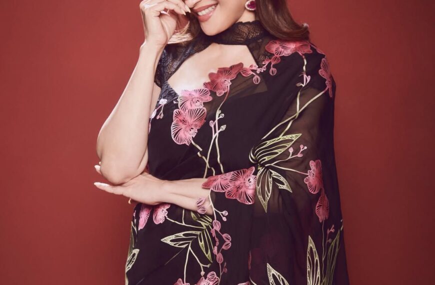 Madhuri Dixit Nene’s black Shriya Khanna sari with a lace blouse is a fresh take on florals