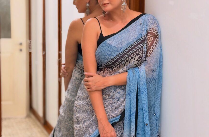 Dia Mirza’s printed chiffon sari celebrates mirror work and floral print