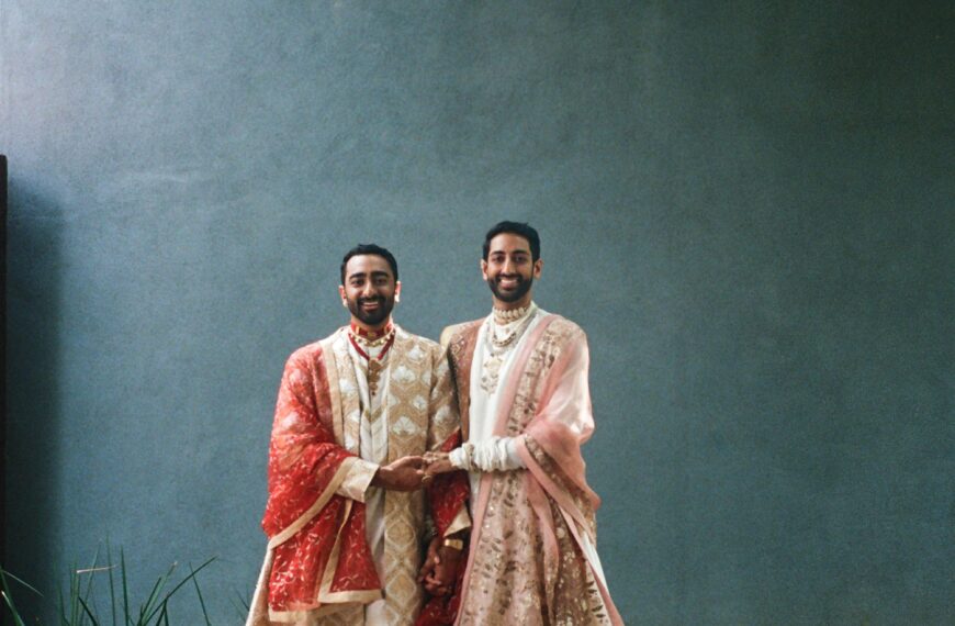 The grooms wore reworked heirloom saris and antique jewellery for their wedding in Mexico