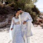 At this wedding on Turkey’s Aegean coast, the bride skipped traditional red for an icy blue Manish Malhotra lehenga