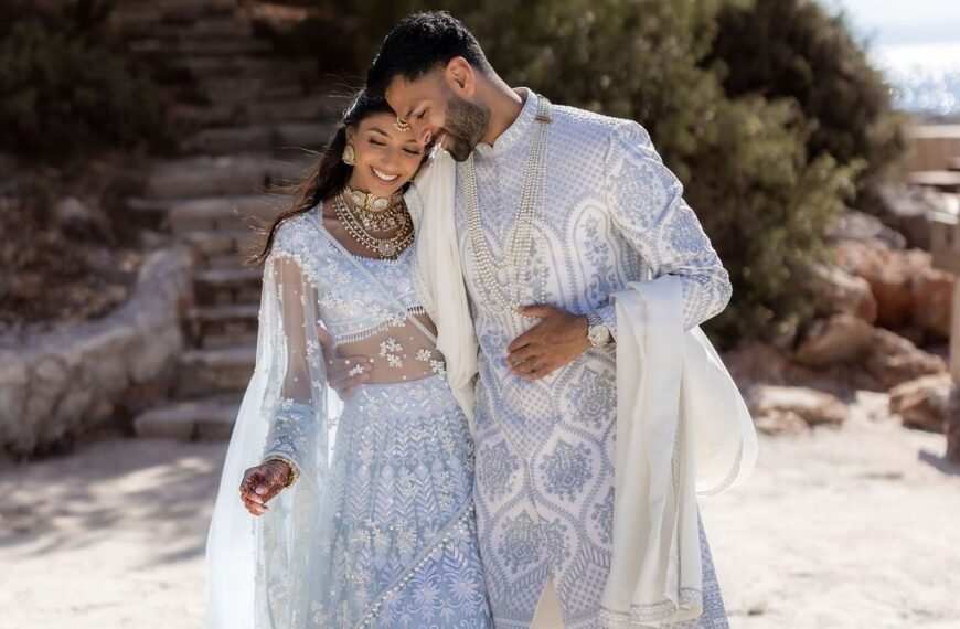 At this wedding on Turkey’s Aegean coast, the bride skipped traditional red for an icy blue Manish Malhotra lehenga
