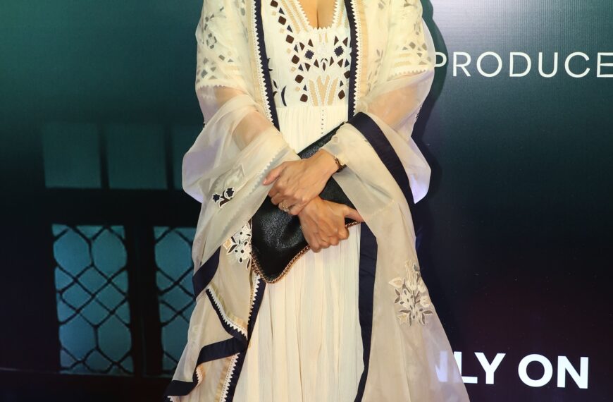 Dia Mirza’s ivory anarkali highlights geometric appliqués and thread embroidery