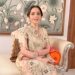 Nita Ambani’s Jamdani sari features Lord Krishna’s motifs outlined with gold and silver threadwork