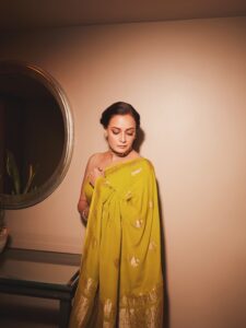 Dia Mirza’s chartreuse sari from Shanti Banaras features&hellip;