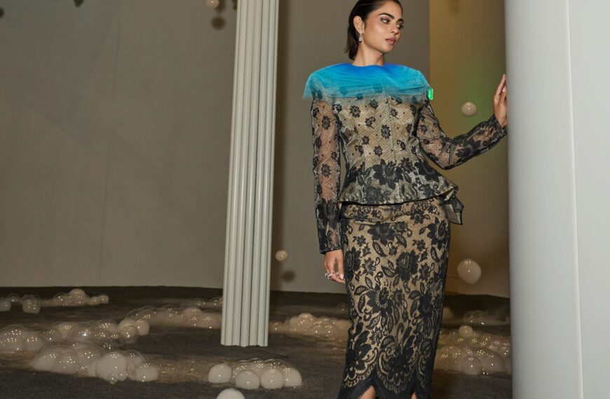 Isha Ambani wore a Schiaparelli lace look with tulle collar detailing on a peplum jacket