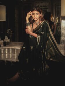 Sreeleela’s green silk sari is inundated with woven&hellip;