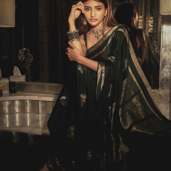 Sreeleela’s green silk sari is inundated with woven…