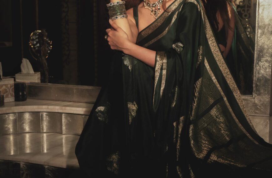 Sreeleela’s green silk sari is inundated with woven gold peacock buttas