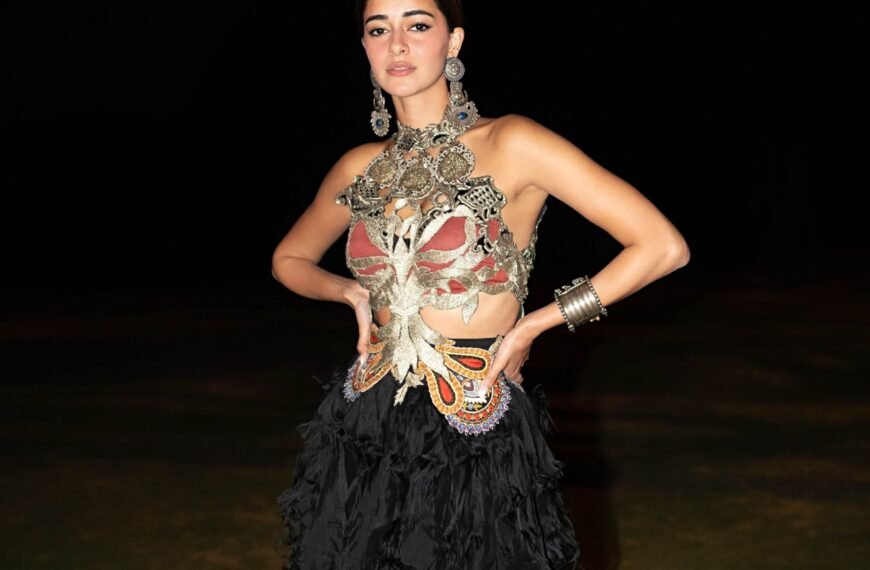 Ananya Panday’s Anamika Khanna corset features antique metal embellishments and embroidered mirrors