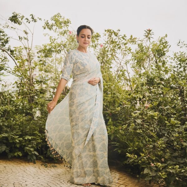 Dia Mirza’s powder blue sari brings cross-stitch-inspired floral&hellip;