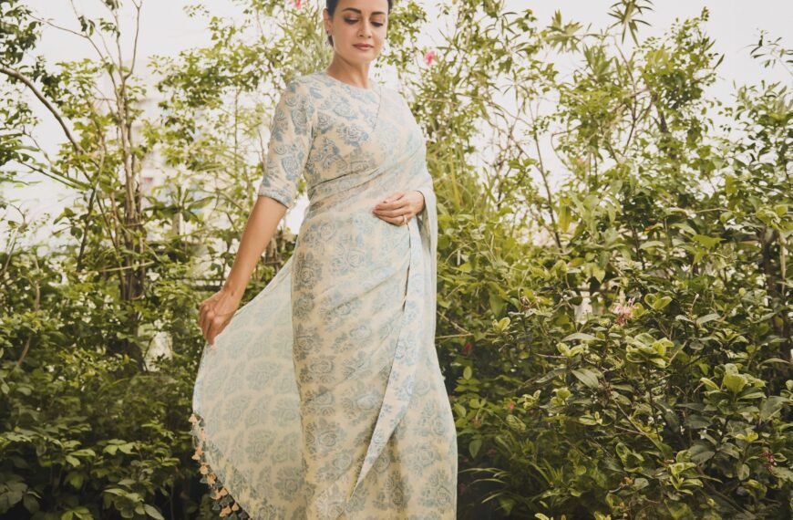 Dia Mirza’s powder blue sari brings cross-stitch-inspired floral motifs to the fore