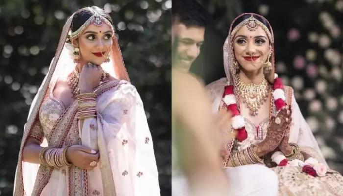 Bride Stuns In A Peach Milk Sabyasachi Lehenga With ‘Hariyali’ Designs, At Her Wedding In Australia